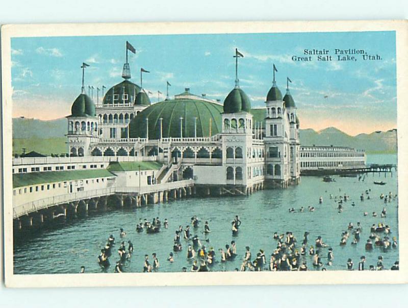 Unused W-Border PEOPLE SWIM AT PAVILLION Great Salt Lake Utah UT v4370