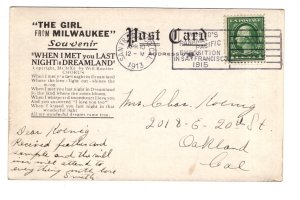 Actress, The Girl From Milwaukee, Used California 1913, Song Lyrics on Back