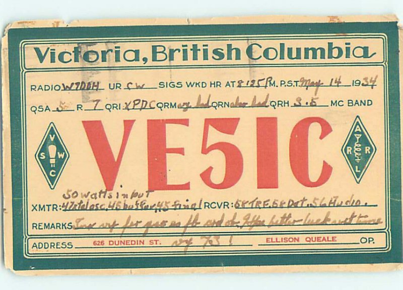 1930s QSL RADIO CARD Victoria - Vancouver Island British Columbia BC AH3277