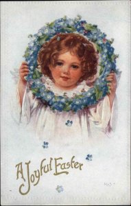 Easter Children Flowers Wreath Embossed c1910s Postcard