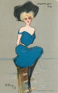 1907 Postcard Atlantic City Girl In Bathing Suit Artist Signed H. King JT Wilcox