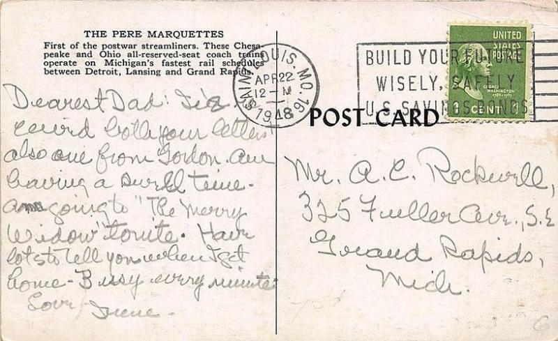 The Pere Marquettes Streamliner Passenger Train 1948 Postcard