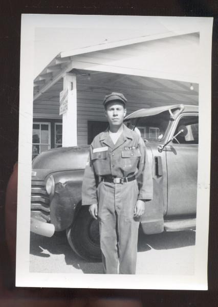 REAL PHOTO PHOTOGRAPH 1950's TRUCK WARRENSBURG MISSOURI GAS STATION SOLDIER