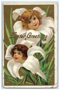 c1910s Easter Greetings Children Head Lily Flowers Embossed DPO Antique Postcard