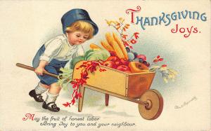 Thanksgiving Joys Boy Wheel Barrow Poem Artist Ellen Clapsaddle Postcard