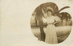 c1910 RPPC; Young Woman in Masked Vignette the Shape of an Apple, Unknown US