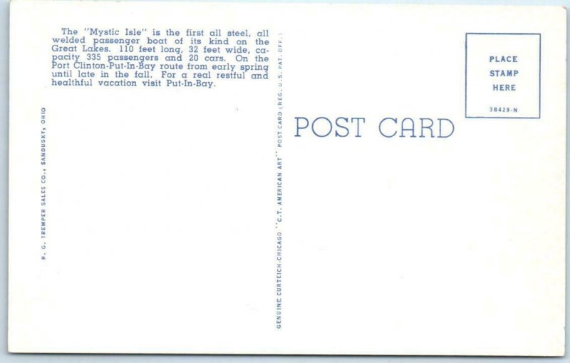 PUT IN BAY, Ohio OH ~ Passenger & Auto Ferry Mystic Isle c1940s Linen Postcard