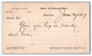 1887 Murdock Parlor Grate Co. Beacon Street Boston Massachusetts MA Postal Card