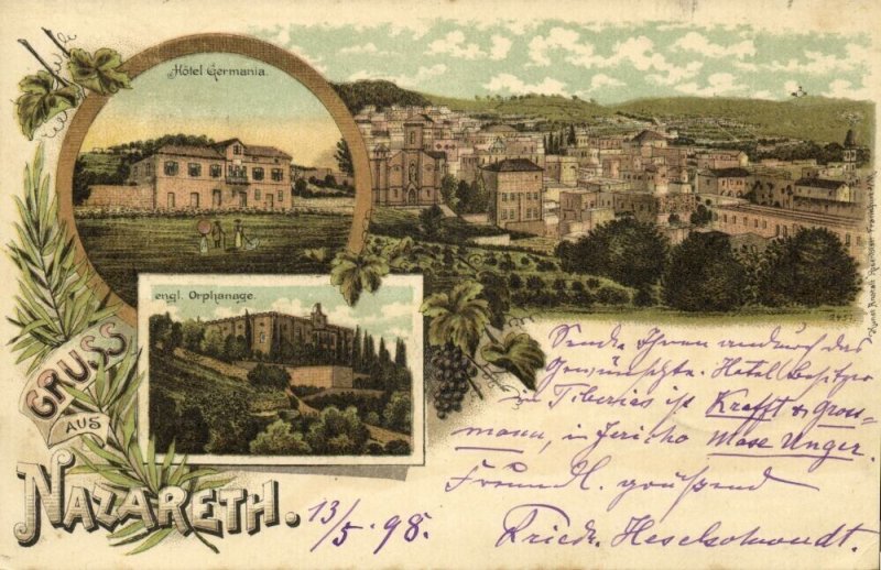 israel palestine, NAZARETH, Hotel Germania, English Orphanage (1898) Postcard