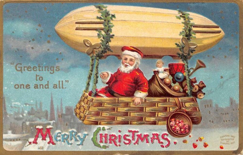 Christmas Greetings Santa Claus  Dirigible Airship Signed Clapsaddle PC AA75030