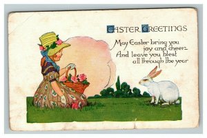 Vintage 1920's Easter Postcard Cute Girl in Meadow Basket Pink Roses Giant Bunny