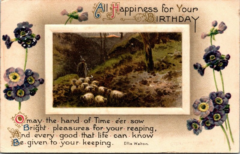 ALL HAPPINESS FOR YOUR BIRTHDAY - FARM NATURE SCENE - VINTAGE POSTCARD - 1910