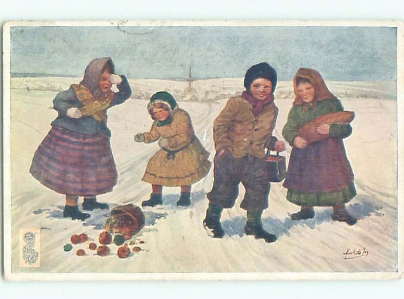 Pre-Linen foreign signed GERMAN GIRL DROPS HER FRUIT BASKET ON SNOWY PATH k6518