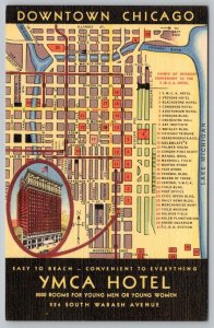 1940's YMCA MEN WOMEN HOTEL DOWNTOWN CHICAGO STREET MAP VINTAGE LINEN POSTCARD