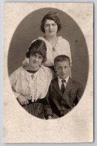 RPPC Two Ladies Sisters Odd Hat Style Hair and Little Brother Postcard F21