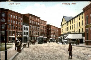 Fitchburg Massachusetts MA Depot Square Trolley Cars 1900s-20s Vintage Postcard