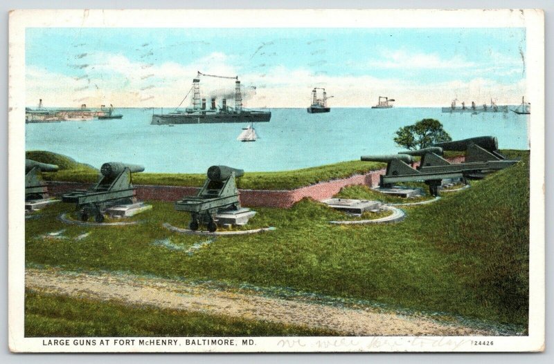 Baltimore Maryland~Large Guns @ Fort McHenry~Cannon Point at Harbor Ships~1932 