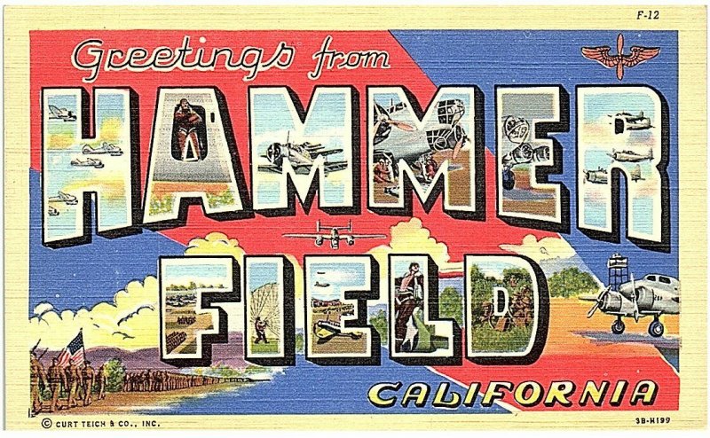 Hammer Field Fresno CA Army Airfield big letter vintage postcard 1940s