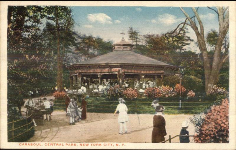 New York City Central Park Merry Go Round Carousel c1920 Postcard