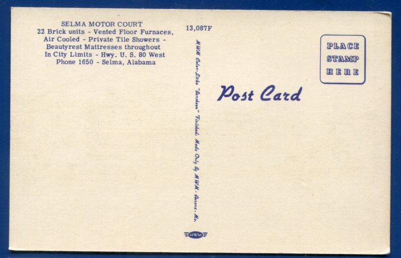 Selma Motor Court US 80 West Selma Alabama linen roadside postcard motel hotel