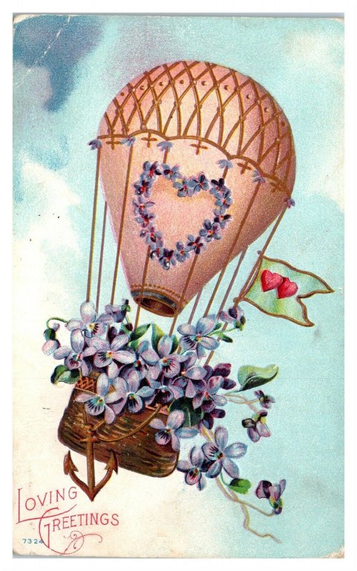 Loving Greetings, Hot Air Balloon, Lilacs Basket Postcard *5N(3)15