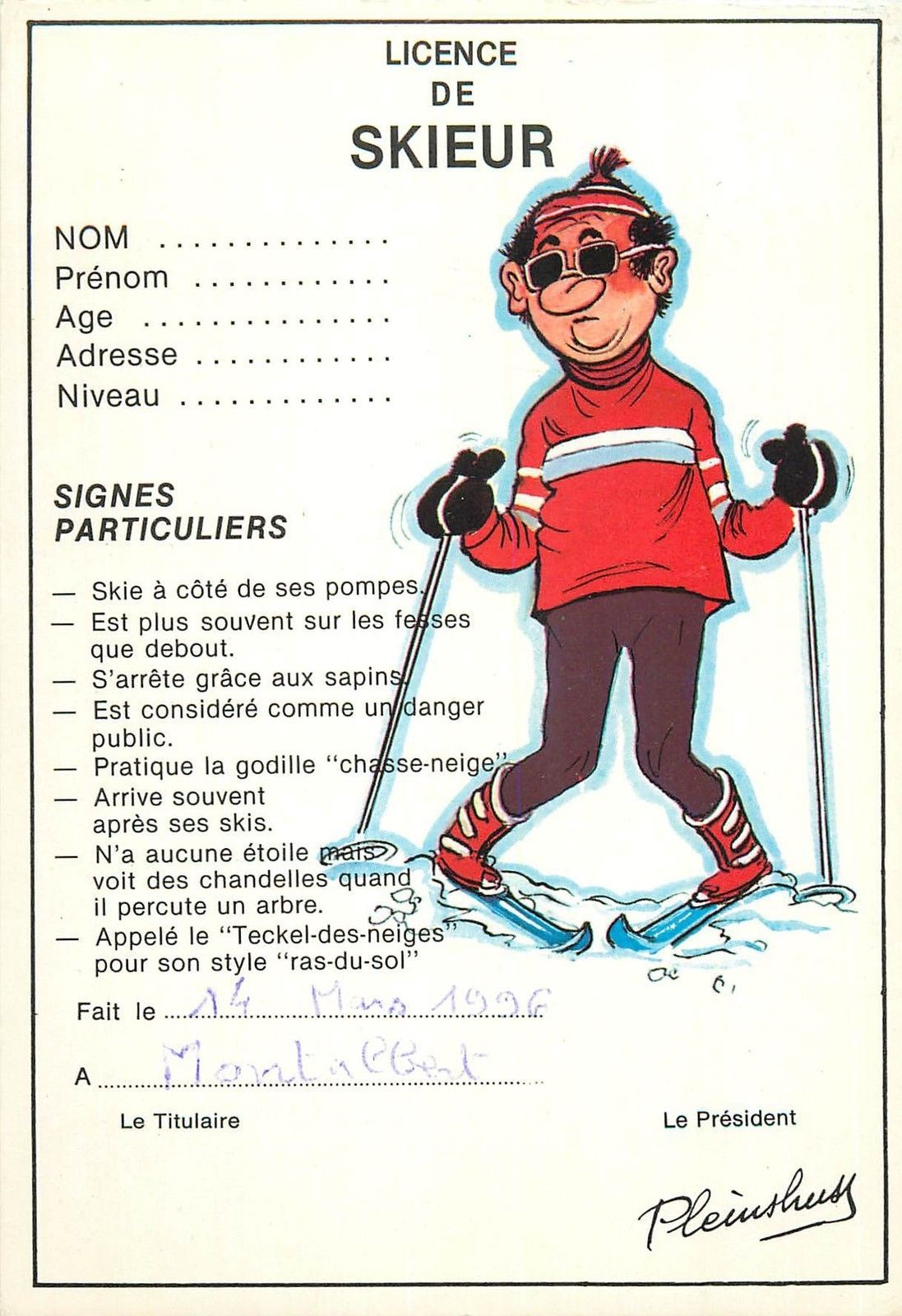 French Humour Ski Licence Caricature French Text Hippostcard