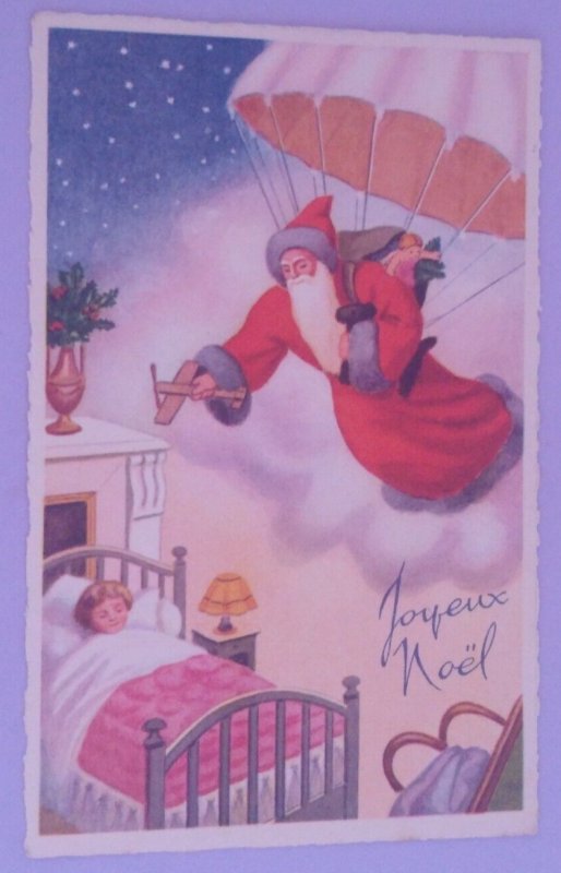 Santa Claus Flys Parachute Child Old World Antique Vintage Christmas Postcard