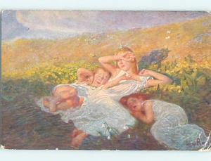 Pre-Linen foreign signed EUROPEAN GIRLS LYING IN THE WILD FLOWERS J4877