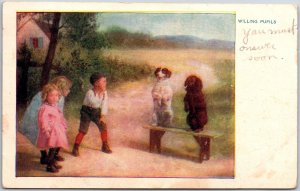 Willing Pupils Children & Dogs Doing Tricks Postcard