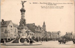 VINTAGE POSTCARD STREET SCENE AT REIMS FRANCE WITH FOUNTAIN STORE & PEOPLE 1906