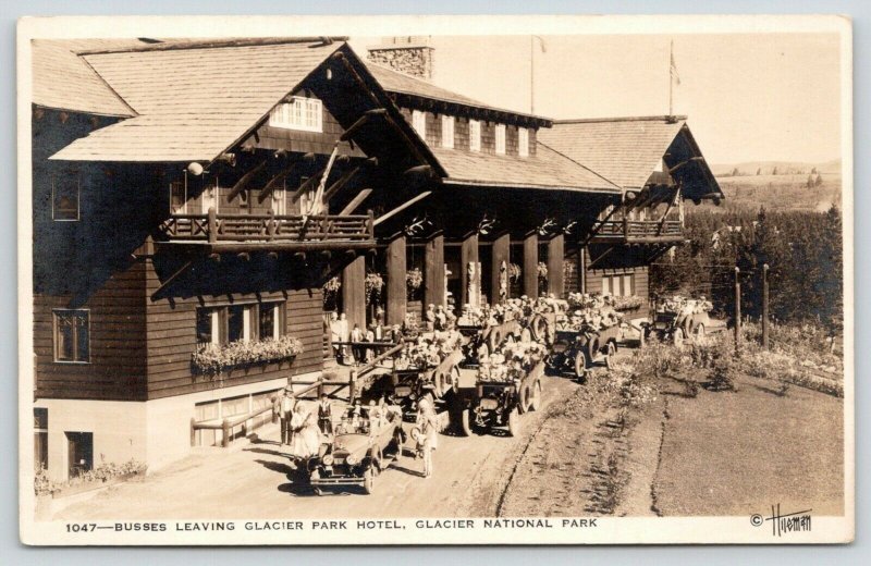 Glacier National Park Montana~Touring Buses Leave Glacier Park Hotel~1930s RPPC
