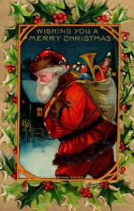 C. 1910 Lovely Santa Claus Toys Holly Border Christmas Vintage Postcard P215