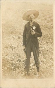 c1908 RPPC Postcard Man in Home-Made Sheriff Costume for Halloween Unknown US