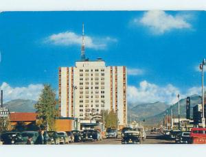 1950's OLD CARS BY SHOPS ON STREET & MCKINLEY APT BUILDING Anchorage AK c3188