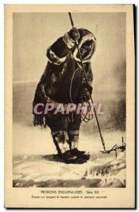 Old Postcard Polar Eskimo Missions Esqsuimau throwing the harpoon when the se...