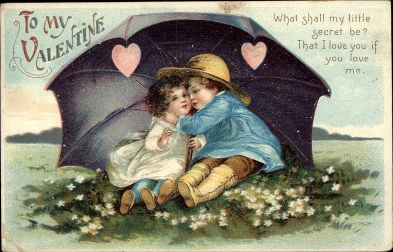 Valentine Little Boy and Girl Snuggle Under Umbrella c1910 Vintage Postcard