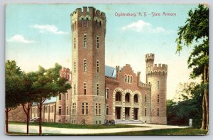 Ogdensburg New York~State Armory~Castellated Towers~Vintage Postcard