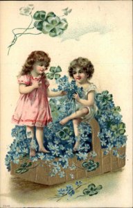 Art Nouveau Little Boy and Girl Giant Basket of Flowers c1910 Vintage Postcard