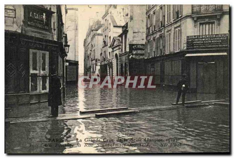 Old Postcard The Paris flood of the Seine Bridge of the rue Saint Andre des Arts