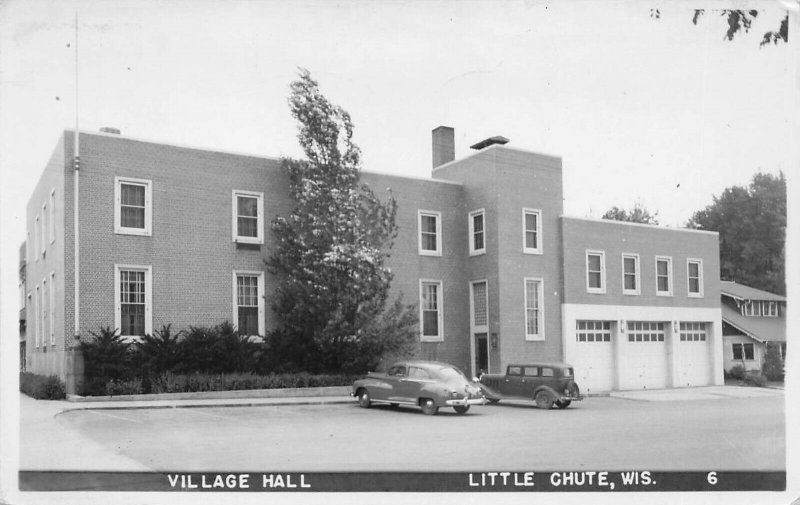 Little Chute WI Village Hall Old Cars Real Photo Postcard