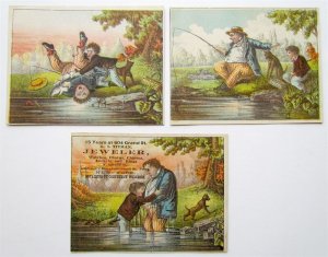 FISHING THEME lot OF 3 COMIC ANTIQUE VICTORIAN TRADE CARDS