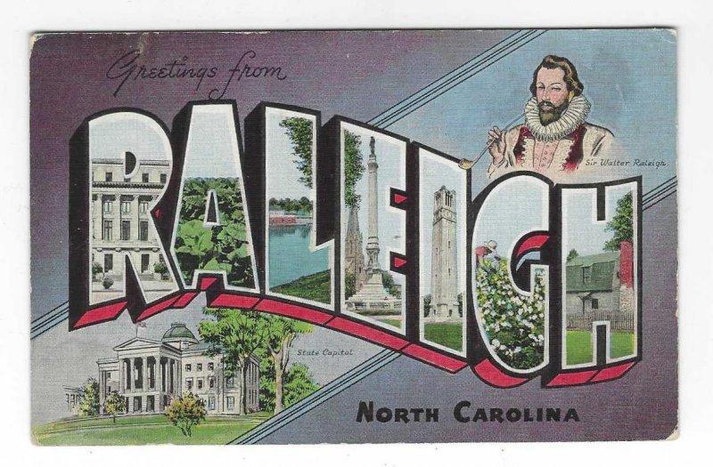 1940's Greetings from Raleigh, North Carolina Large Letter Linen Postcard