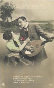 Romantic couple lovers mandolin music vintage visible damage postcard