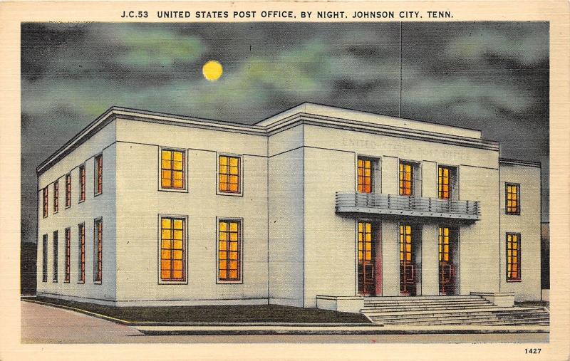 Johnson City Tennessee~US Post Office @ Night~Lights in Building~1940s Postcard