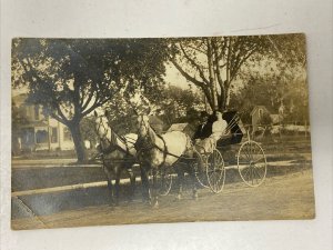 Real Photo Horses Carriage Man Woman Postcard RPPC Unknown Location AZO Houses