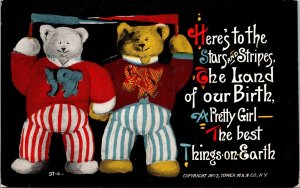 1907 Patriotic Postcard Teddy Bears Stars and Stripes Land of our Birth