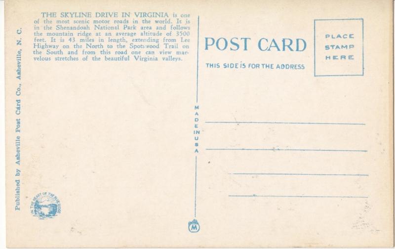 The Blue Ridge Mountains of Virginia, Showing Skyline Drive, unused Postcard