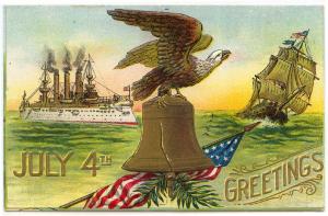 JULY 4TH Greetings PC, Eagle, Liberty Bell, Ships