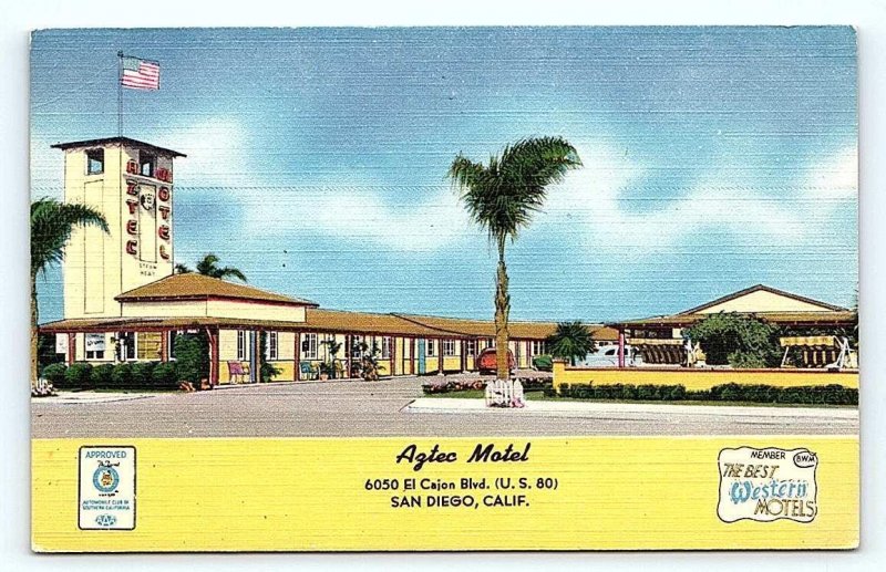 SAN DIEGO, CA California ~ AZTEC MOTEL c1940s Cars Roadside Linen Postcard