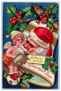 c1910's Christmas Santa Claus Pipe Angel Holly Giant Bell Embossed Postcard